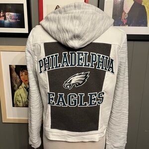 Up-Cycled Philadelphia Eagles Hoodie White Denim Jacket Women’s Xl